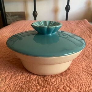 California Pottery Mid Century Teal and Cream Ceramic Lidded Bowl